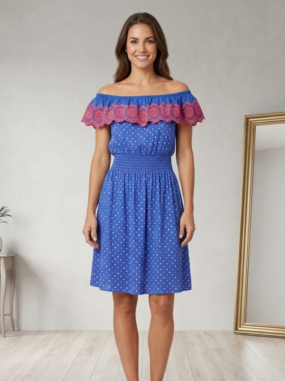Lilly Pulitzer Blue Off-Shoulder Polka Dot Dress with Pink Eyelet Ruffle